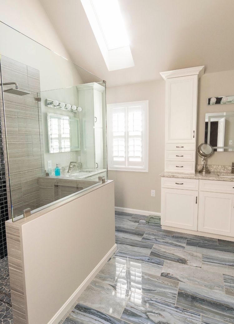 bath remodel with waterproof flooring , custom tile shower, vanity in Lititz, PA by Cloister's Flooring America