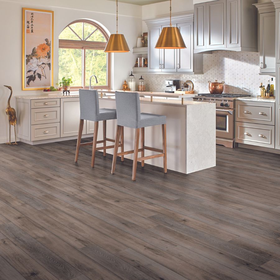 Luxury Vinyl Flooring in kitchen, white kitchen island, tile backsplash, blue chairs